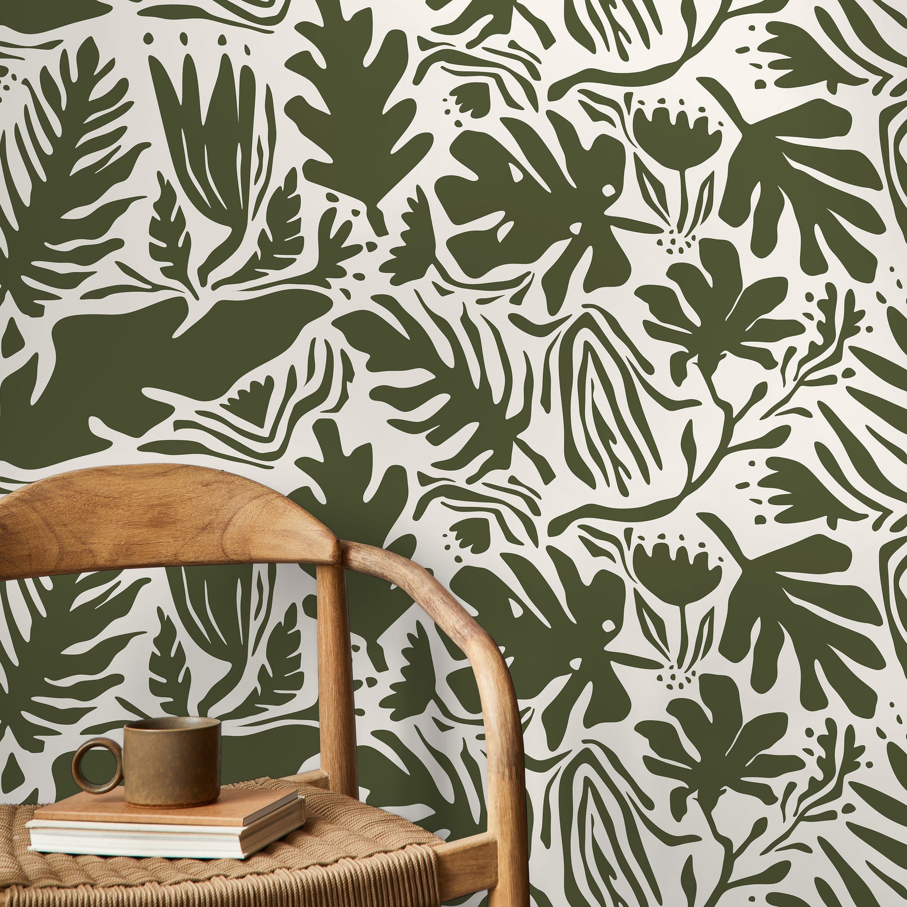 Dark Green Leaf Abstract Wallpaper Boho Wallpaper Peel and Stick and Traditional Wallpaper - D667