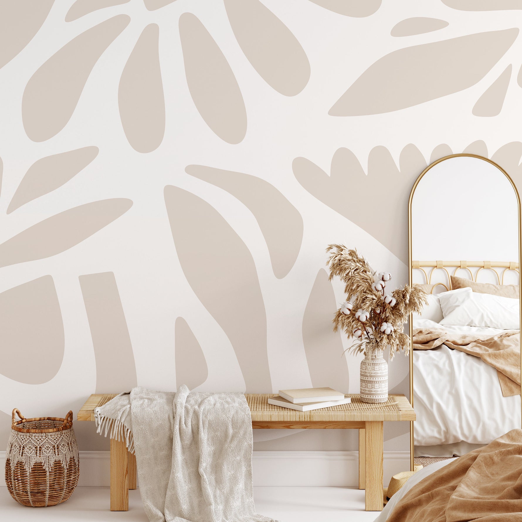 Neutral Abstract Wallpaper Boho Flora Mural Peel and Stick and Traditional Wallpaper - D671