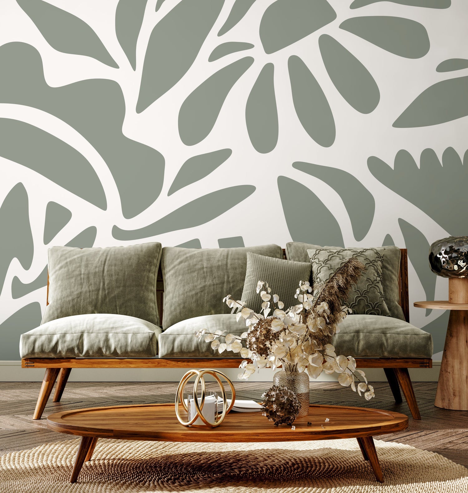 Light Green Abstract Wallpaper Boho Floral Mural Peel and Stick and Traditional Wallpaper - D672