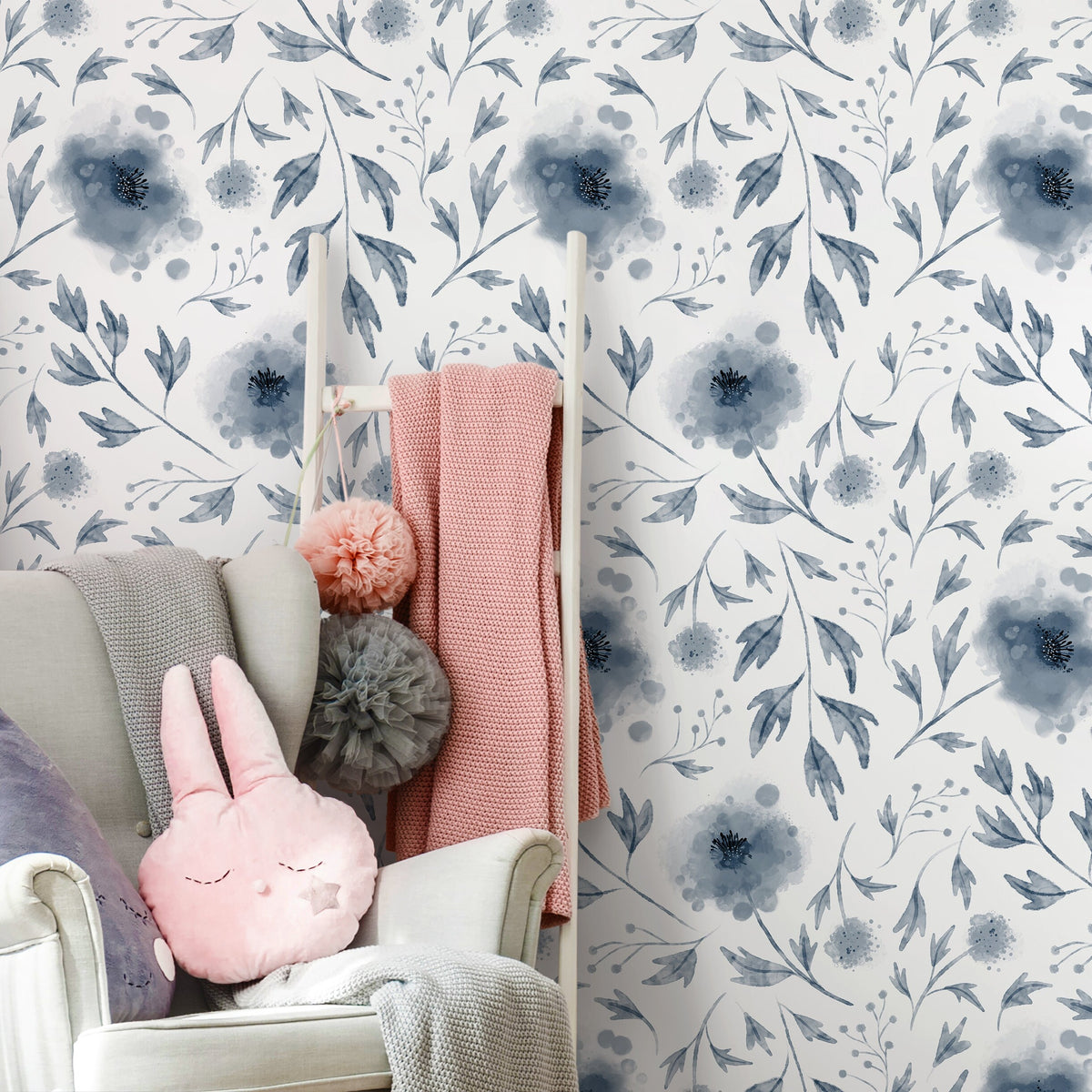 Removable Wallpaper Peel and Stick Wallpaper Wall Paper / Blue Flowers Watercolor - X125