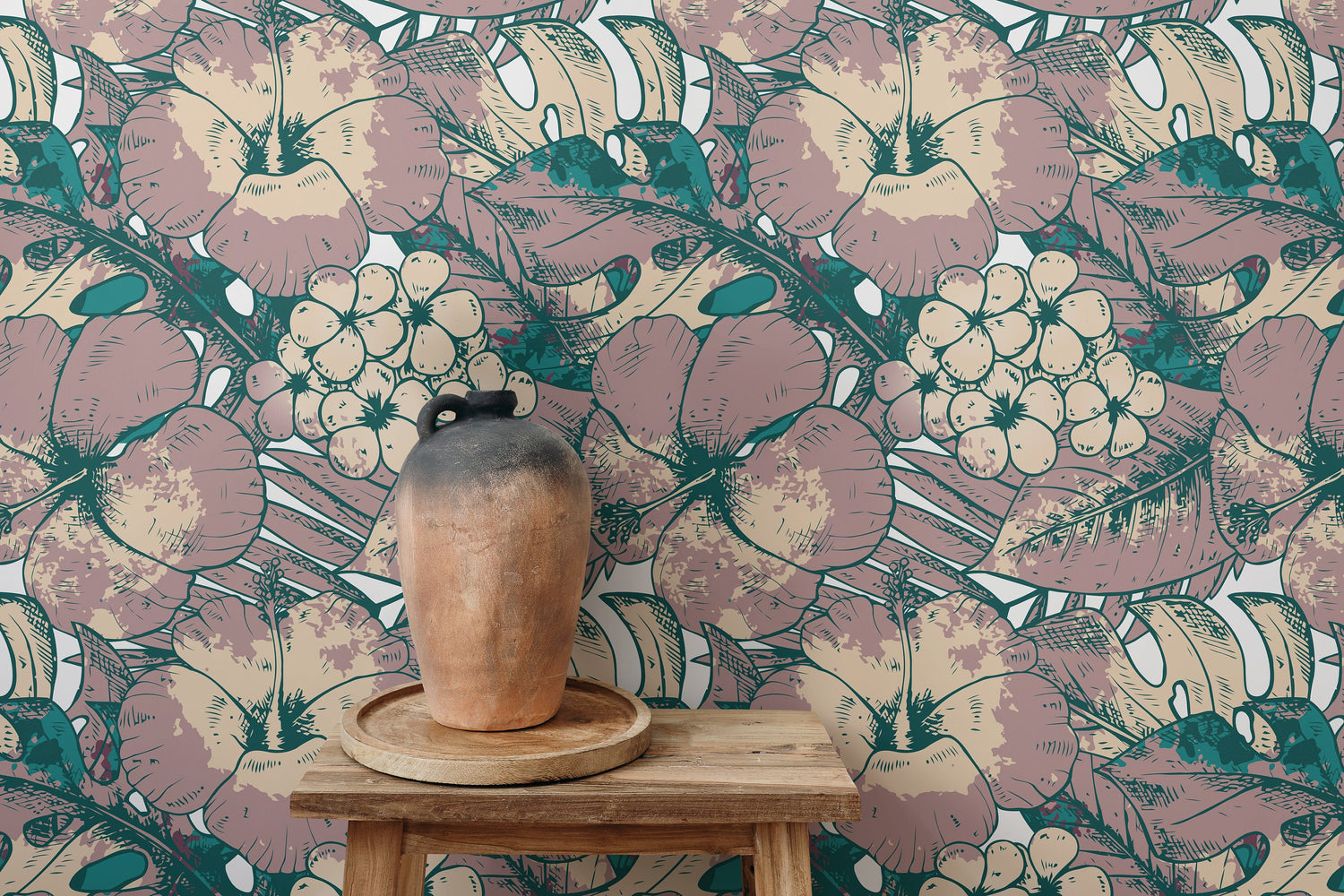 Hawaiian Flat Flowers and Leaves Wallpaper - Removable Wallpaper Peel and Stick Wallpaper Wall Paper - B355