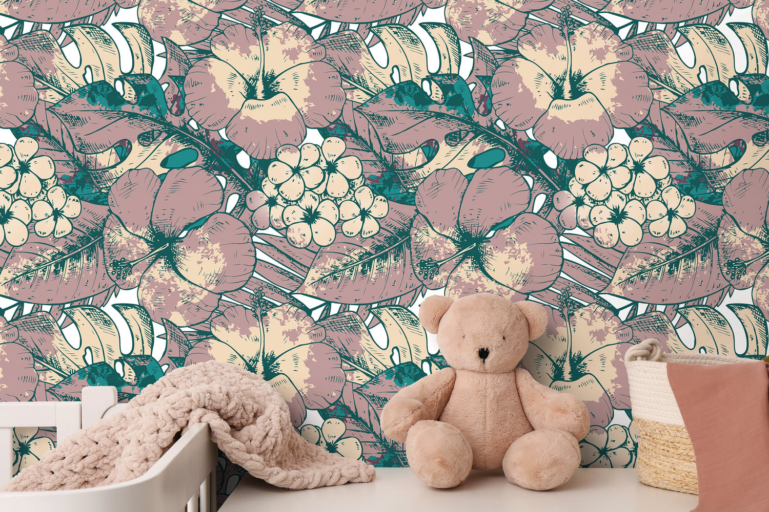 Hawaiian Flat Flowers and Leaves Wallpaper - Removable Wallpaper Peel and Stick Wallpaper Wall Paper - B355