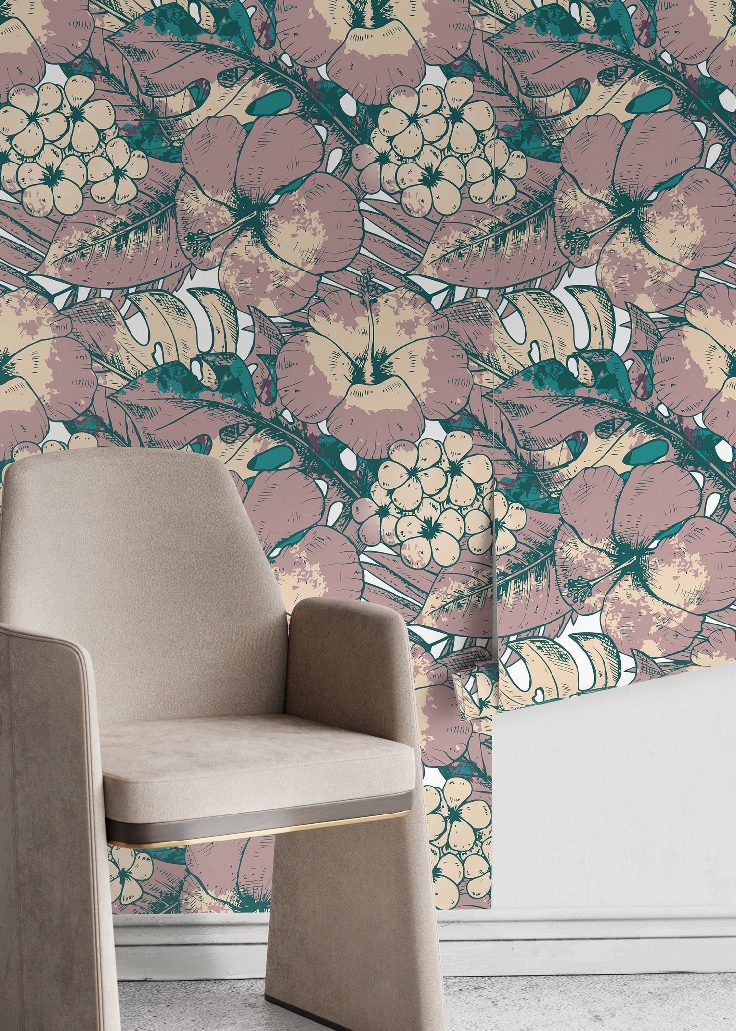 Hawaiian Flat Flowers and Leaves Wallpaper - Removable Wallpaper Peel and Stick Wallpaper Wall Paper - B355