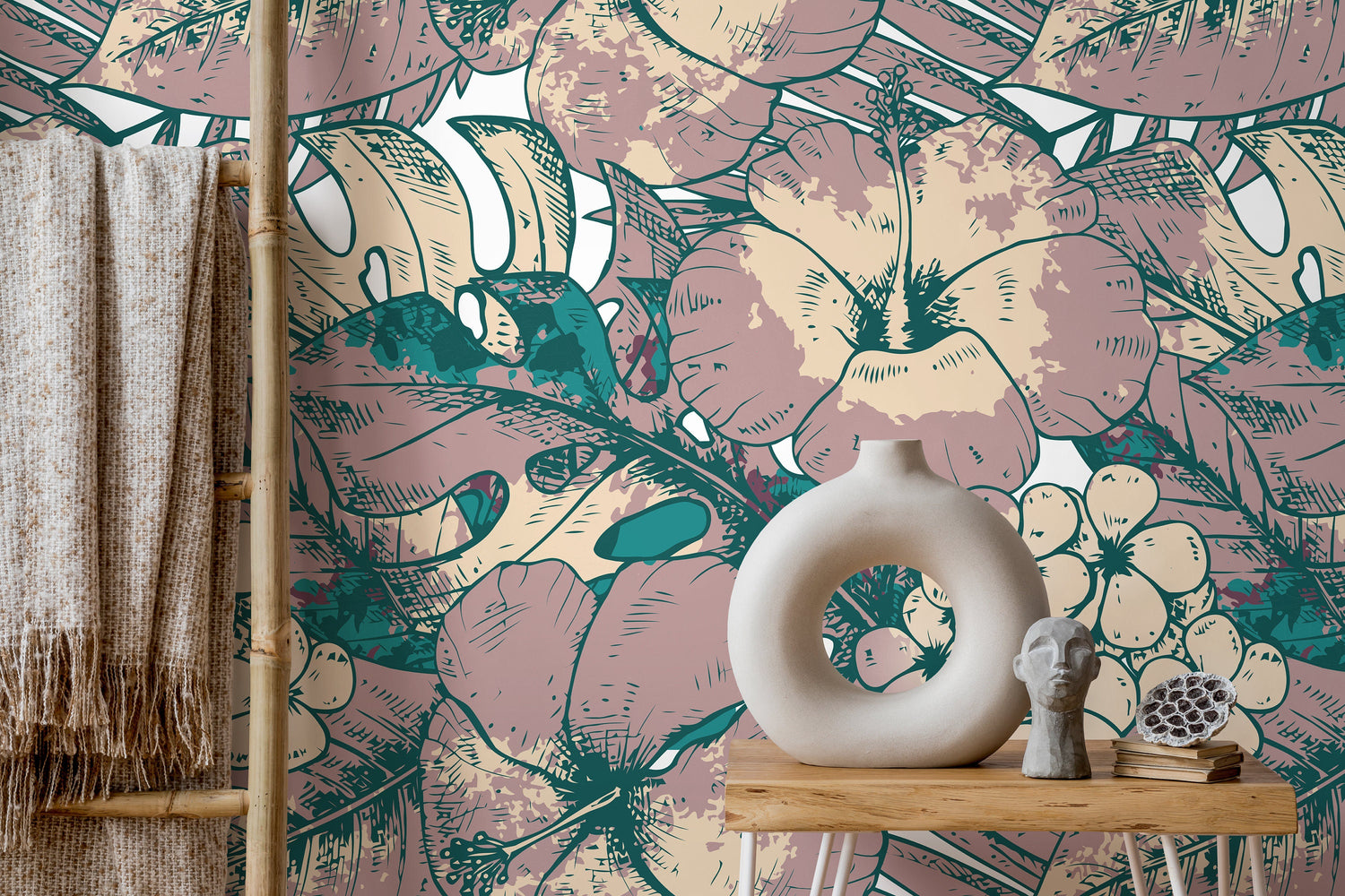 Hawaiian Flat Flowers and Leaves Wallpaper - Removable Wallpaper Peel and Stick Wallpaper Wall Paper - B355