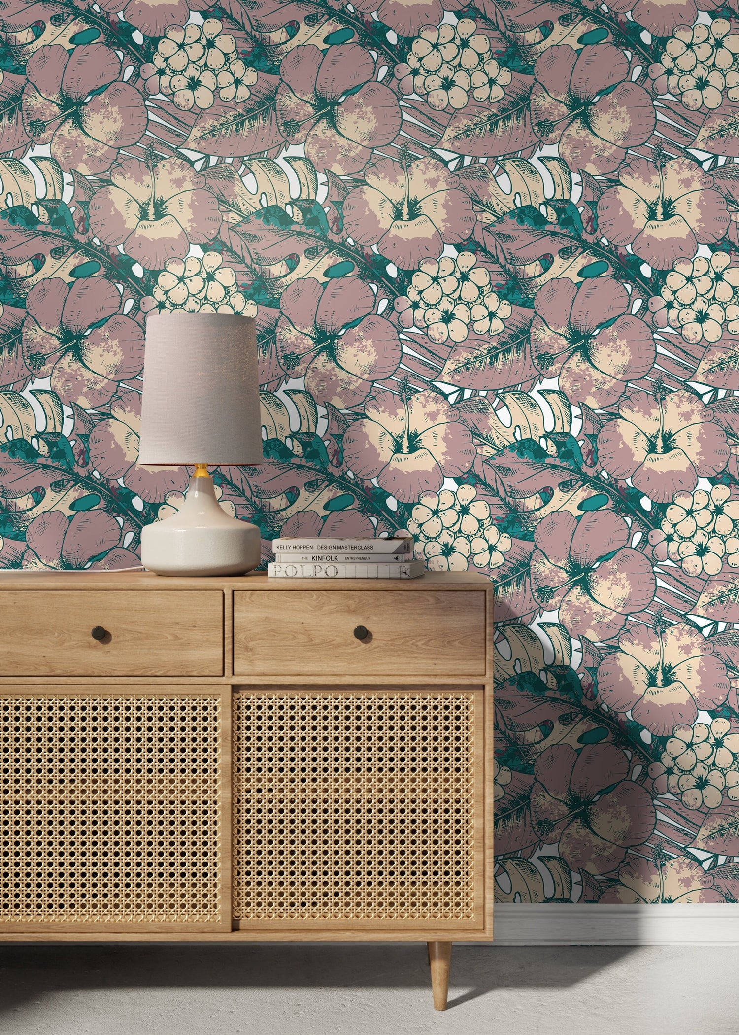 Hawaiian Flat Flowers and Leaves Wallpaper - Removable Wallpaper Peel and Stick Wallpaper Wall Paper - B355