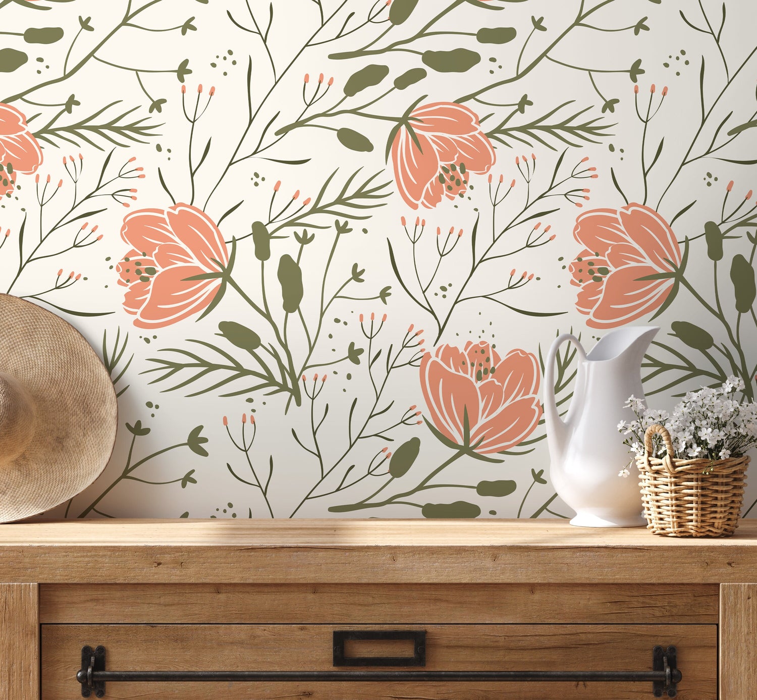 Floral Scandinavian Wallpaper / Peel and Stick Wallpaper Removable Wallpaper Home Decor Wall Art Wall Decor Room Decor - D148