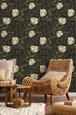 Dark Floral Scandinavian Wallpaper / Peel and Stick Wallpaper Removable Wallpaper Home Decor Wall Art Wall Decor Room Decor - D149