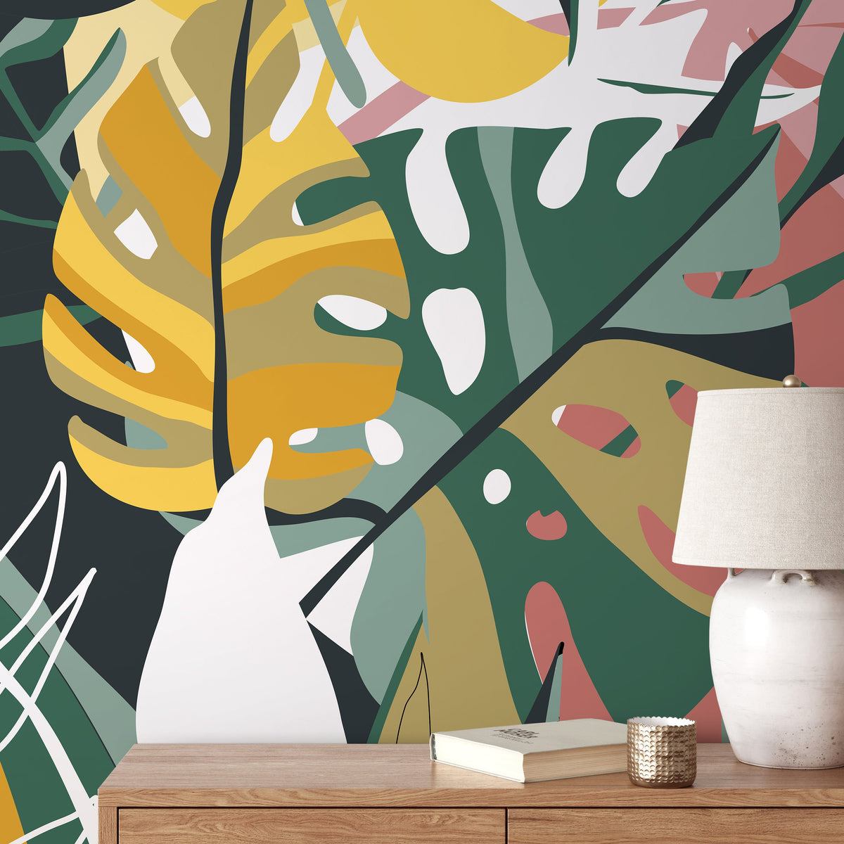 Removable Wallpaper Peel and Stick Wallpaper Wall Paper Wall Mural / Flat Colorful Leaves Wallpaper - C135