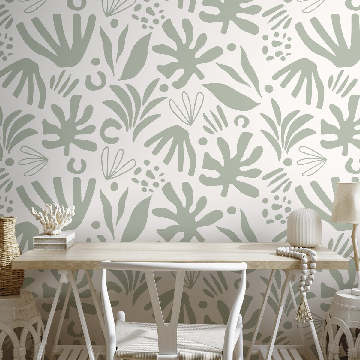 Light Green Abstract Leaf Wallpaper Boho Wallpaper Peel and Stick and Traditional Wallpaper - D681