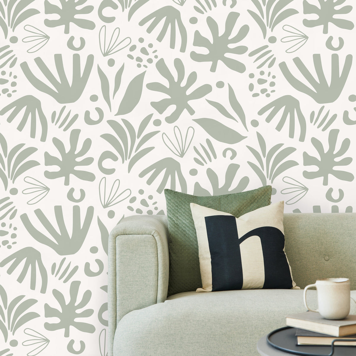 Light Green Abstract Leaf Wallpaper Boho Wallpaper Peel and Stick and Traditional Wallpaper - D681