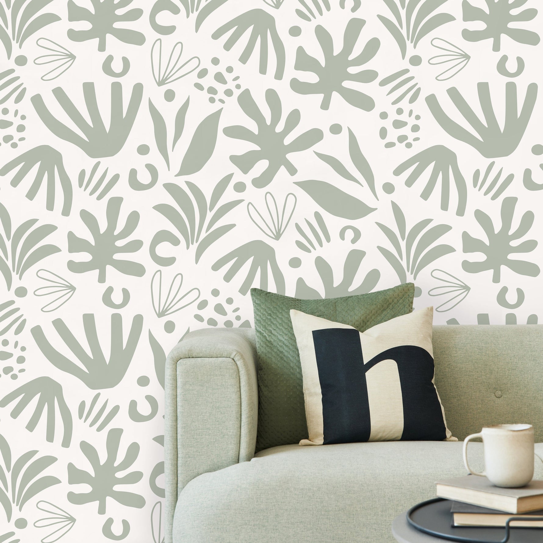 Light Green Abstract Leaf Wallpaper Boho Wallpaper Peel and Stick and Traditional Wallpaper - D681