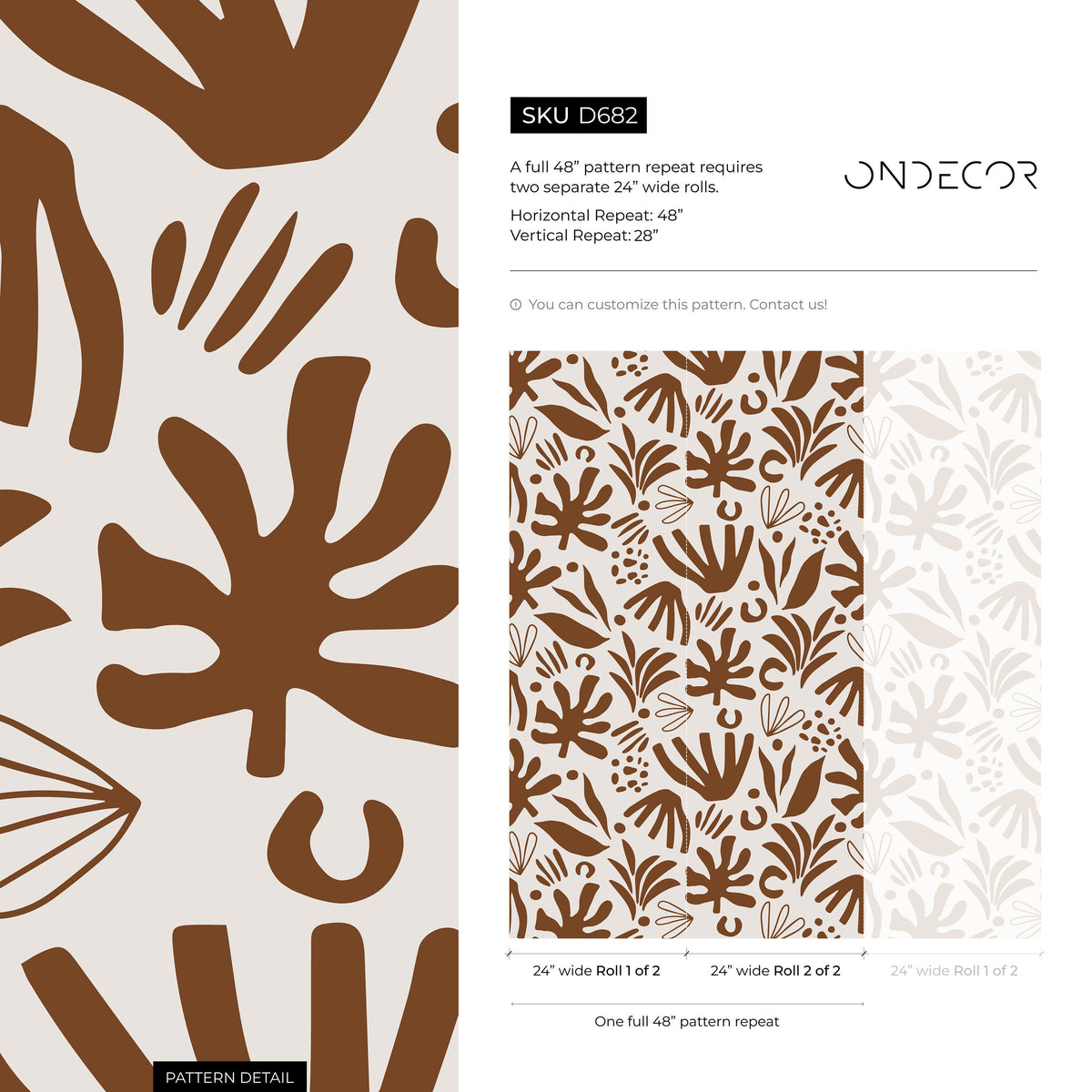 Brown Abstract Leaf Wallpaper Boho Wallpaper Peel and Stick and Traditional Wallpaper - D682