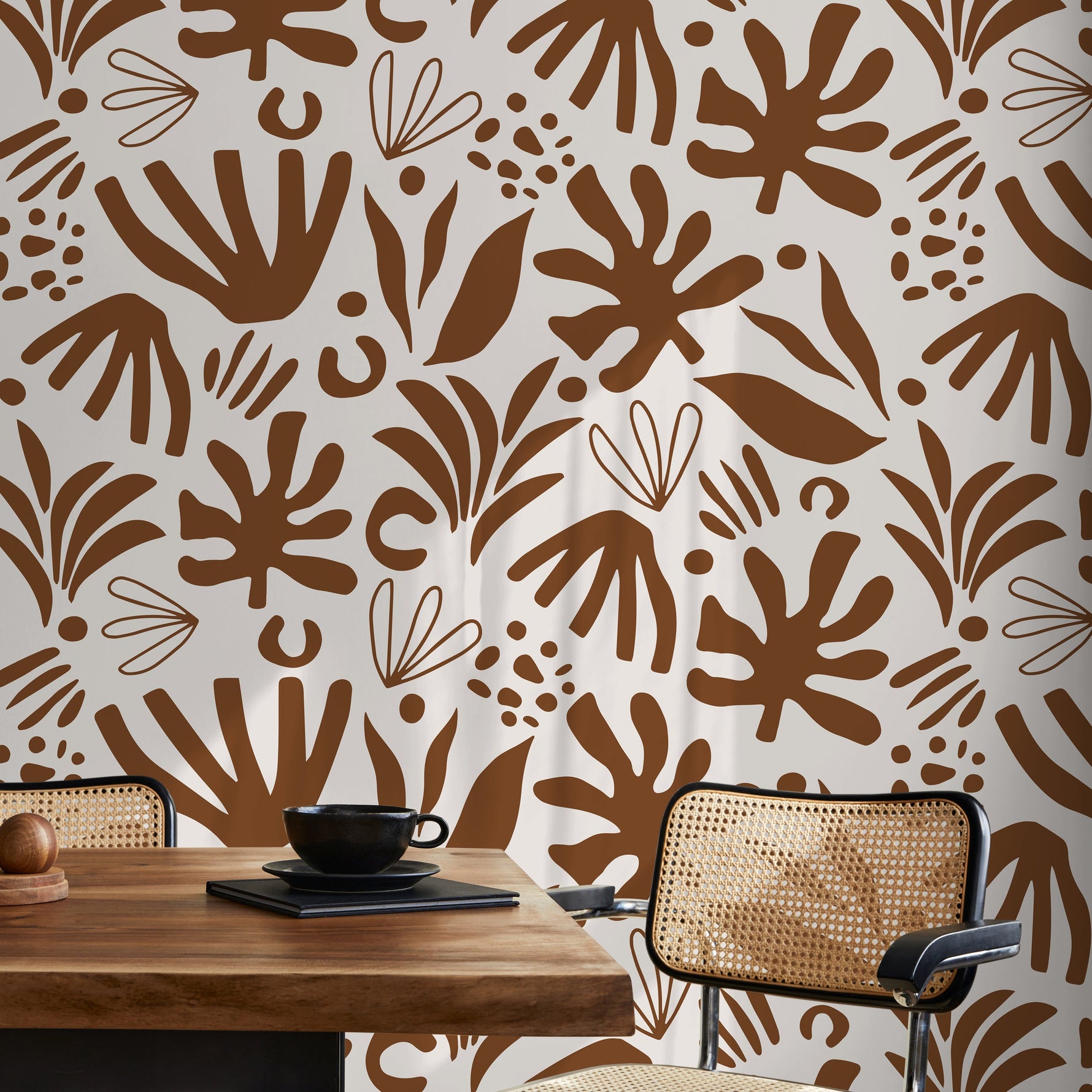 Brown Abstract Leaf Wallpaper Boho Wallpaper Peel and Stick and Traditional Wallpaper - D682