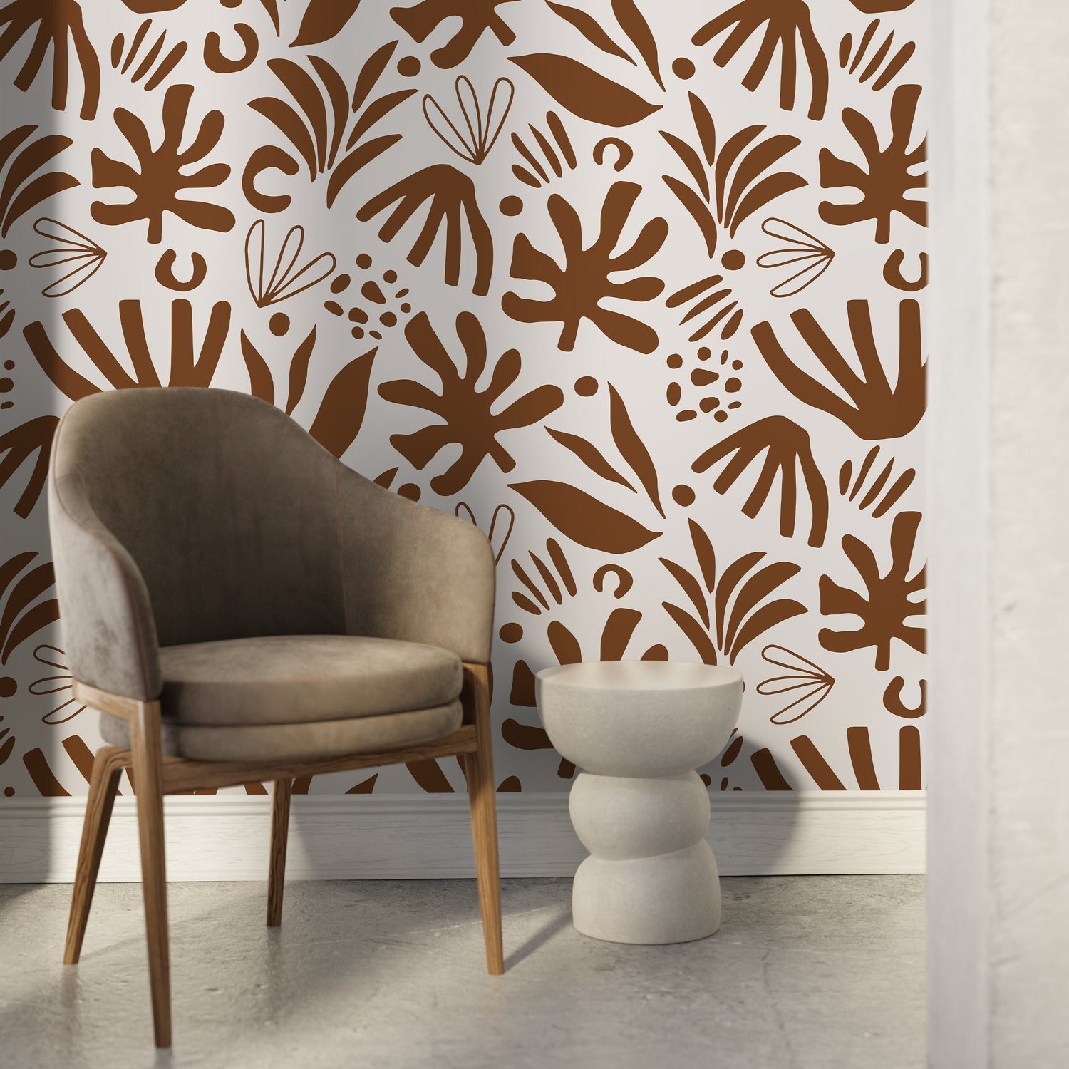 Brown Abstract Leaf Wallpaper Boho Wallpaper Peel and Stick and Traditional Wallpaper - D682