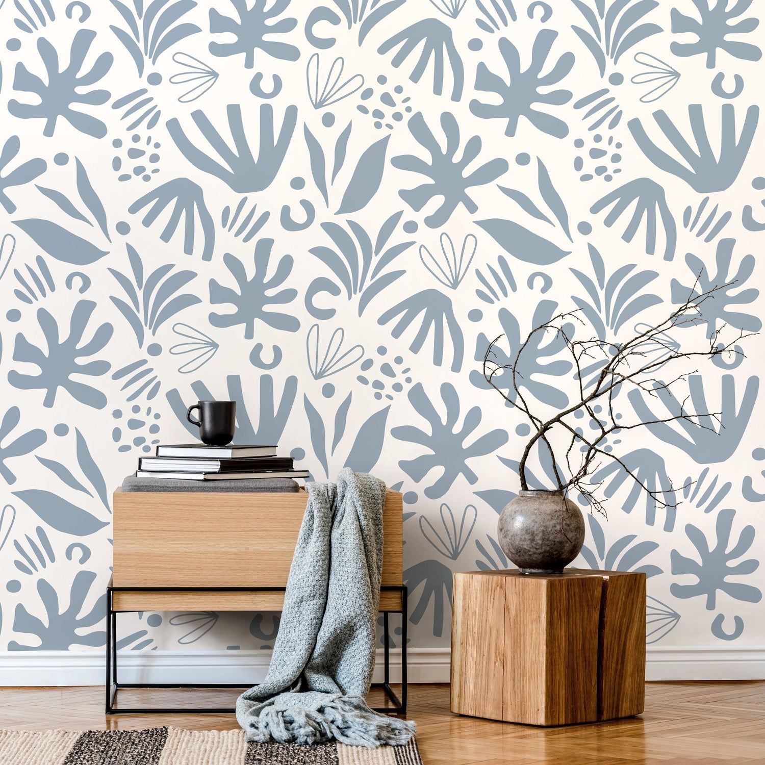 Light Blue Abstract Leaf Wallpaper Boho Wallpaper Peel and Stick and Traditional Wallpaper - D683