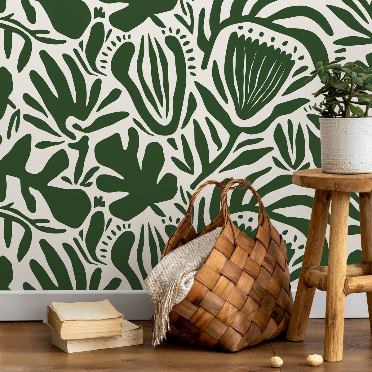 Olive Green Floral Wallpaper Abstract Wallpaper Peel and Stick and Traditional Wallpaper - D706