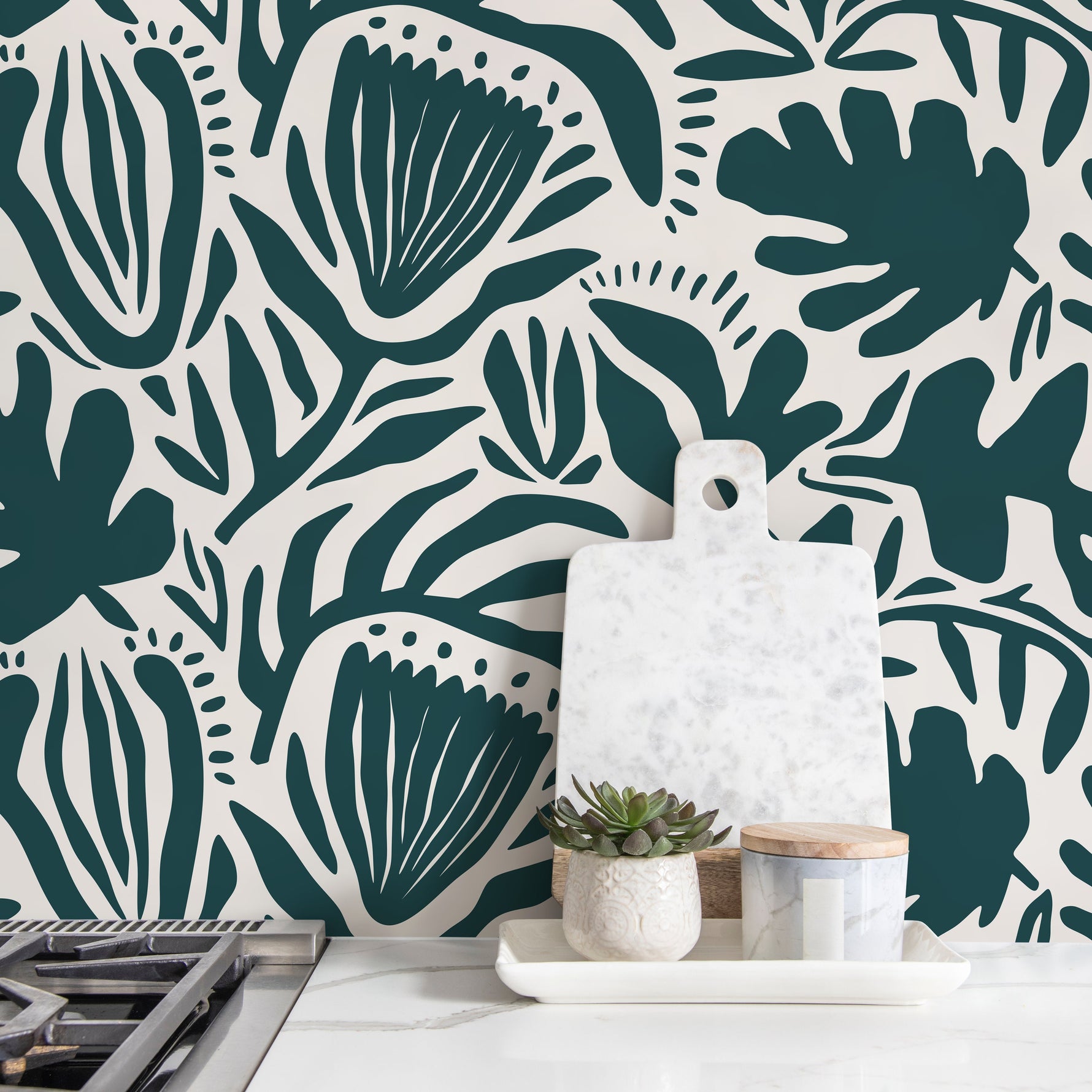 Green Abstract Floral Wallpaper Modern Wallpaper Peel and Stick and Traditional Wallpaper - D707