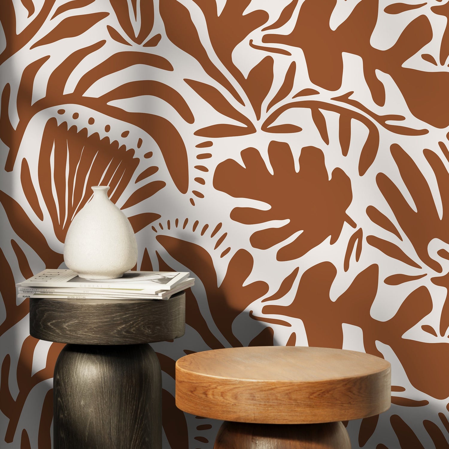 Terracotta Abstract Floral Wallpaper Modern Wallpaper Peel and Stick and Traditional Wallpaper - D709