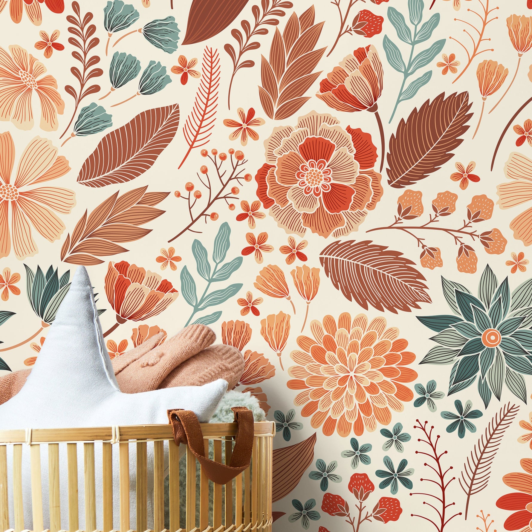 Wallpaper Peel and Stick Wallpaper Removable Wallpaper Home Decor Wall Art Wall Decor Room Decor / Orange Floral Drawing Wallpaper - C310