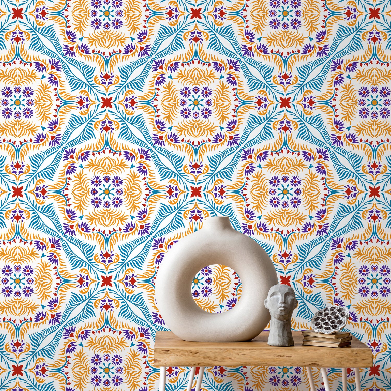 Wallpaper Peel and Stick Wallpaper Removable Wallpaper Home Decor Wall Art Wall Decor Room Decor / Blue and Orange Vintage Wallpaper - C385