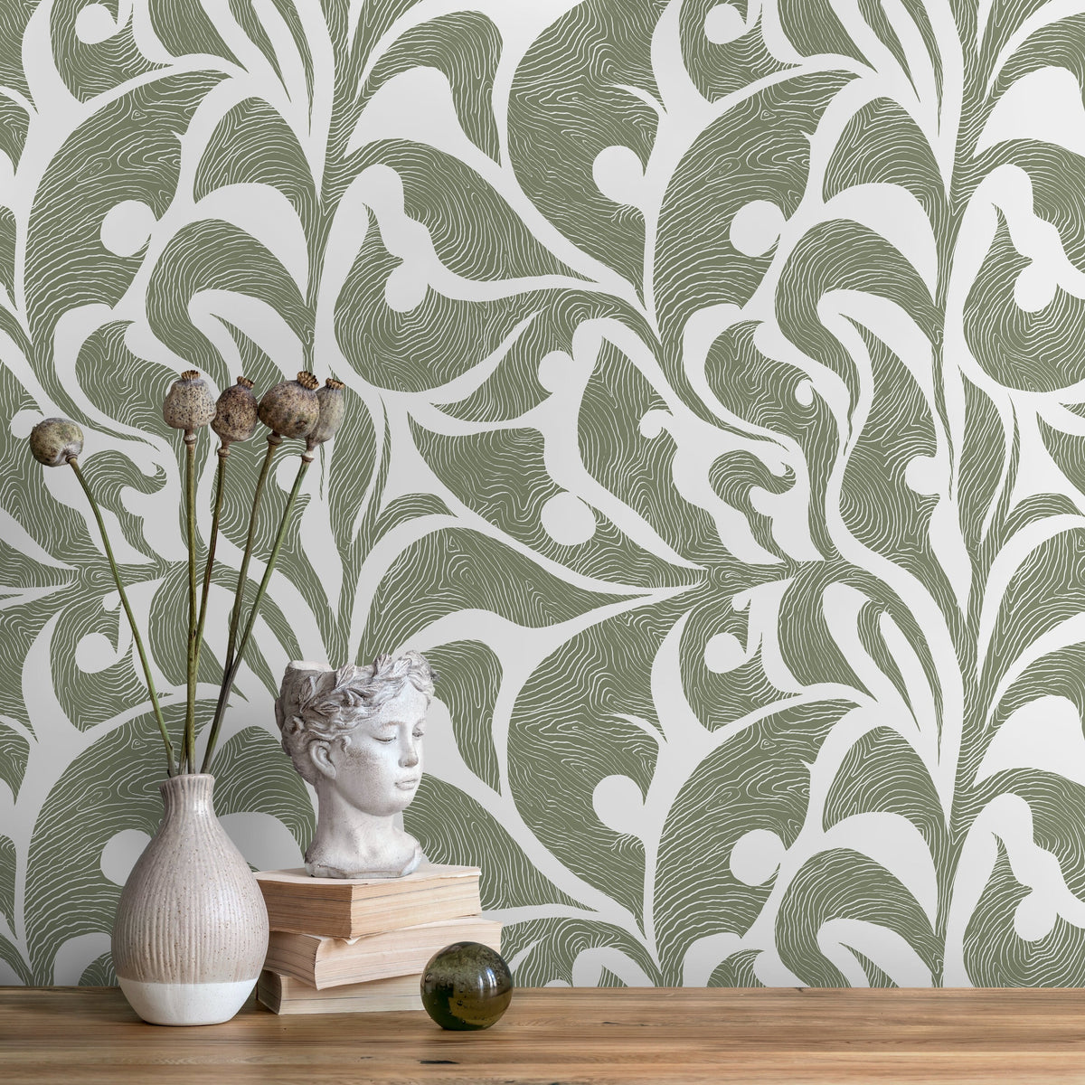 Green Vintage Wallpaper / Peel and Stick Wallpaper Removable Wallpaper Home Decor Wall Art Wall Decor Room Decor - C622