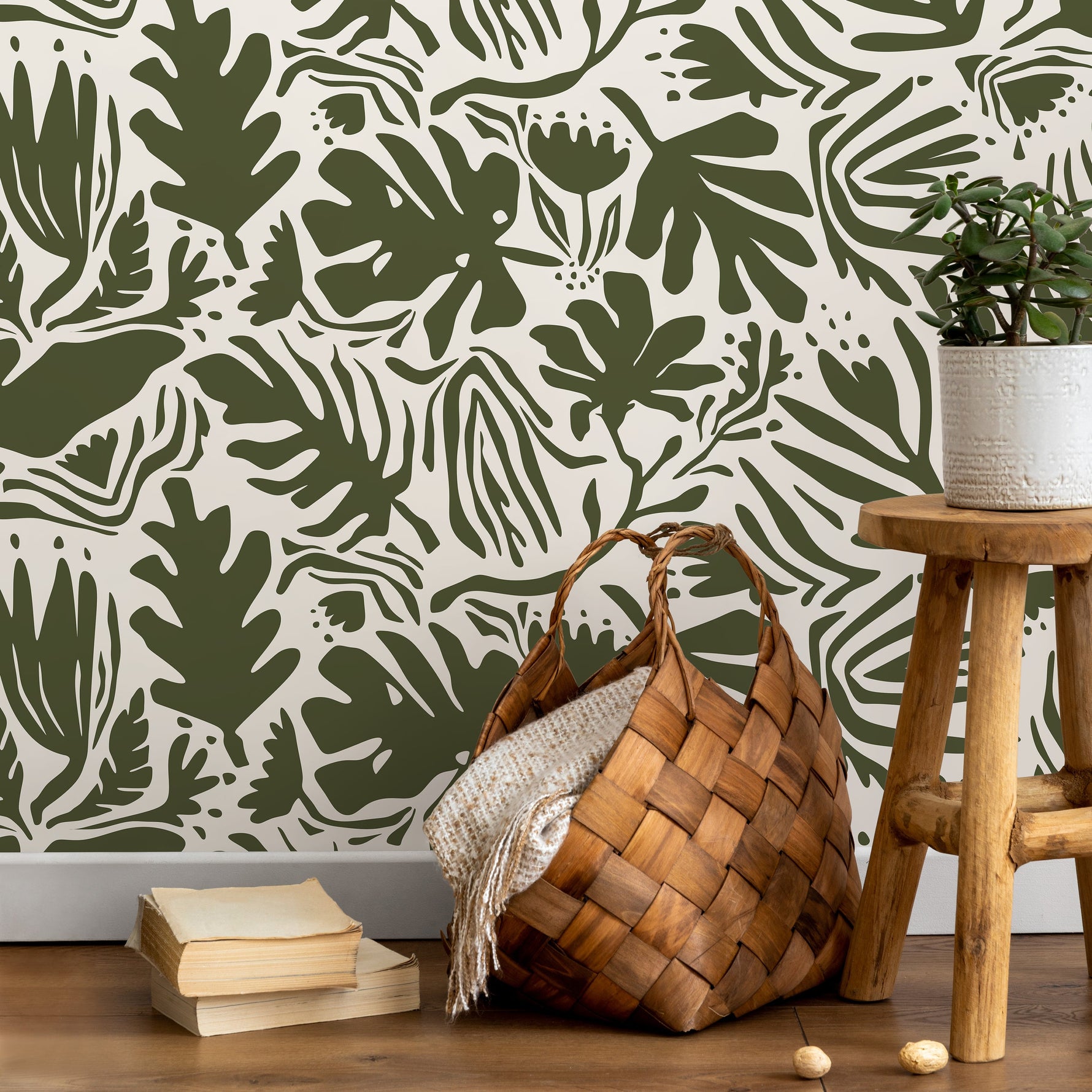 Dark Green Leaf Abstract Wallpaper Boho Wallpaper Peel and Stick and Traditional Wallpaper - D667