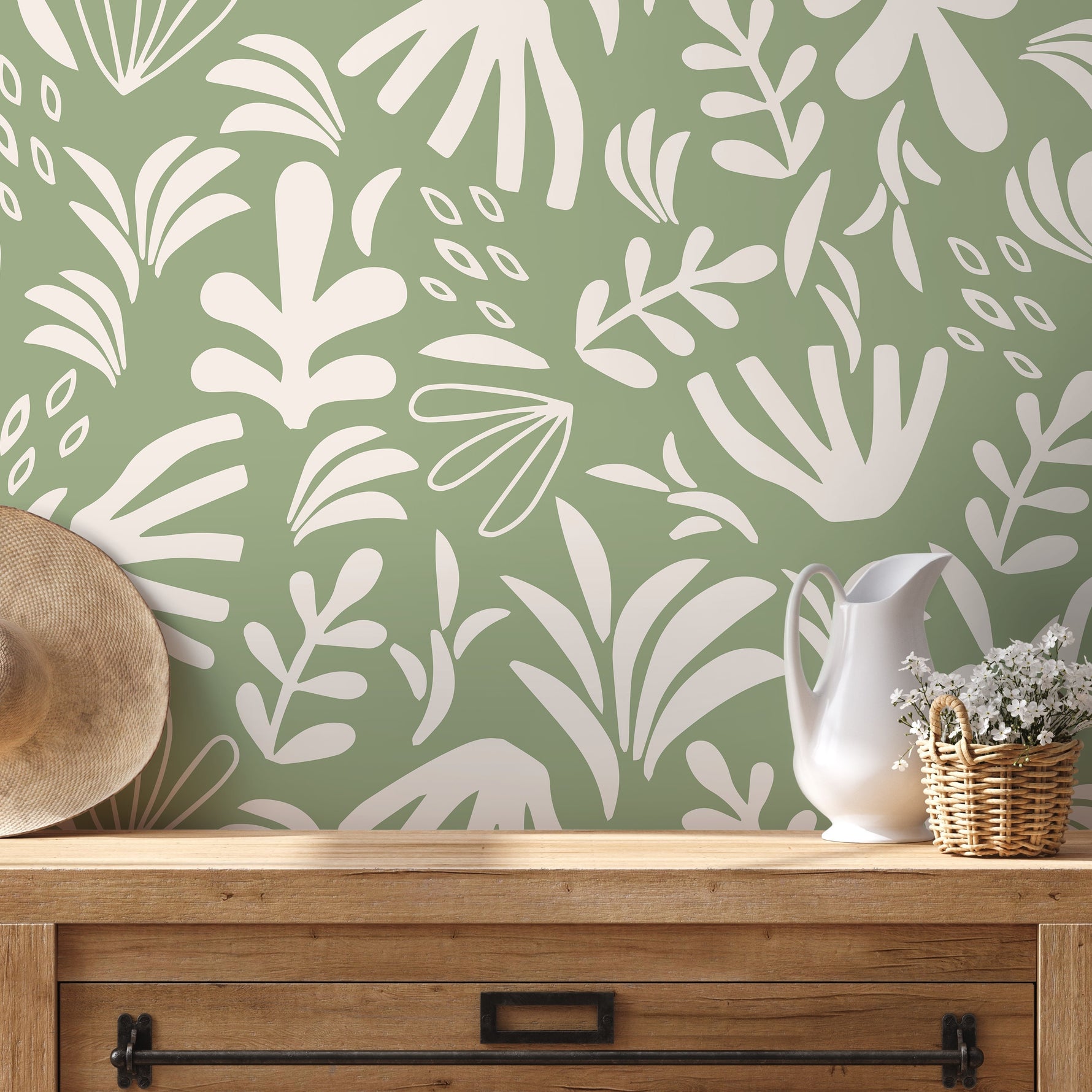 Light Green Abstract Garden Wallpaper Boho Wallpaper Peel and Stick and Traditional Wallpaper - D676