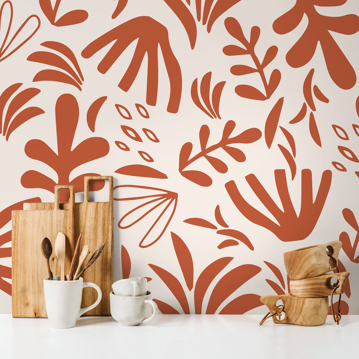 Orange Abstract Garden Wallpaper Boho Wallpaper Peel and Stick and Traditional Wallpaper - D677