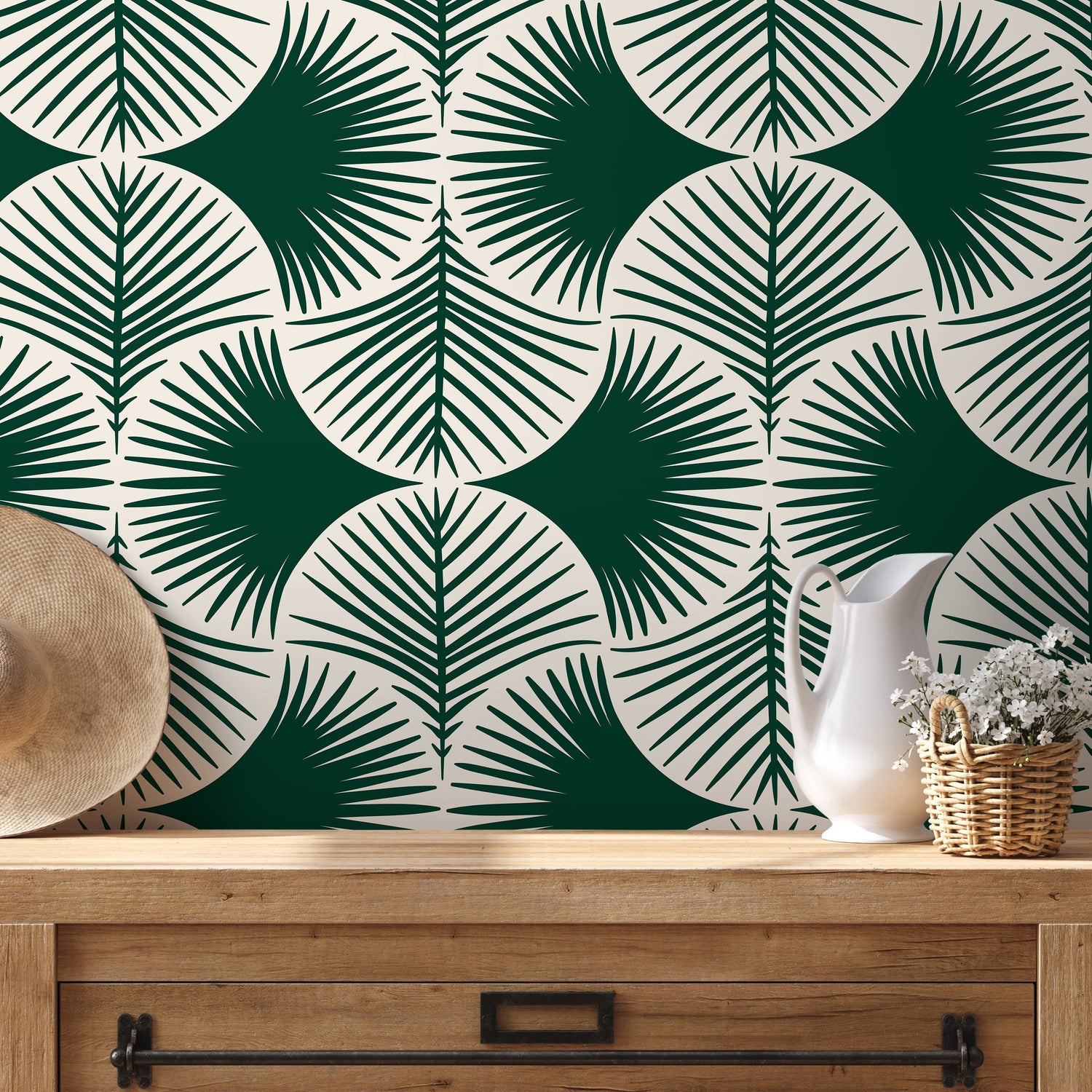 Green Modern Palms Wallpaper / Peel and Stick Wallpaper Removable Wallpaper Home Decor Wall Art Wall Decor Room Decor - C688