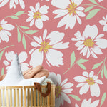 Pink Floral Daisies Wallpaper / Peel and Stick Wallpaper Removable Wallpaper Home Decor Wall Art Wall Decor Room Decor - C691