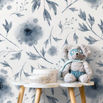 Removable Wallpaper Peel and Stick Wallpaper Wall Paper / Blue Flowers Watercolor - X125