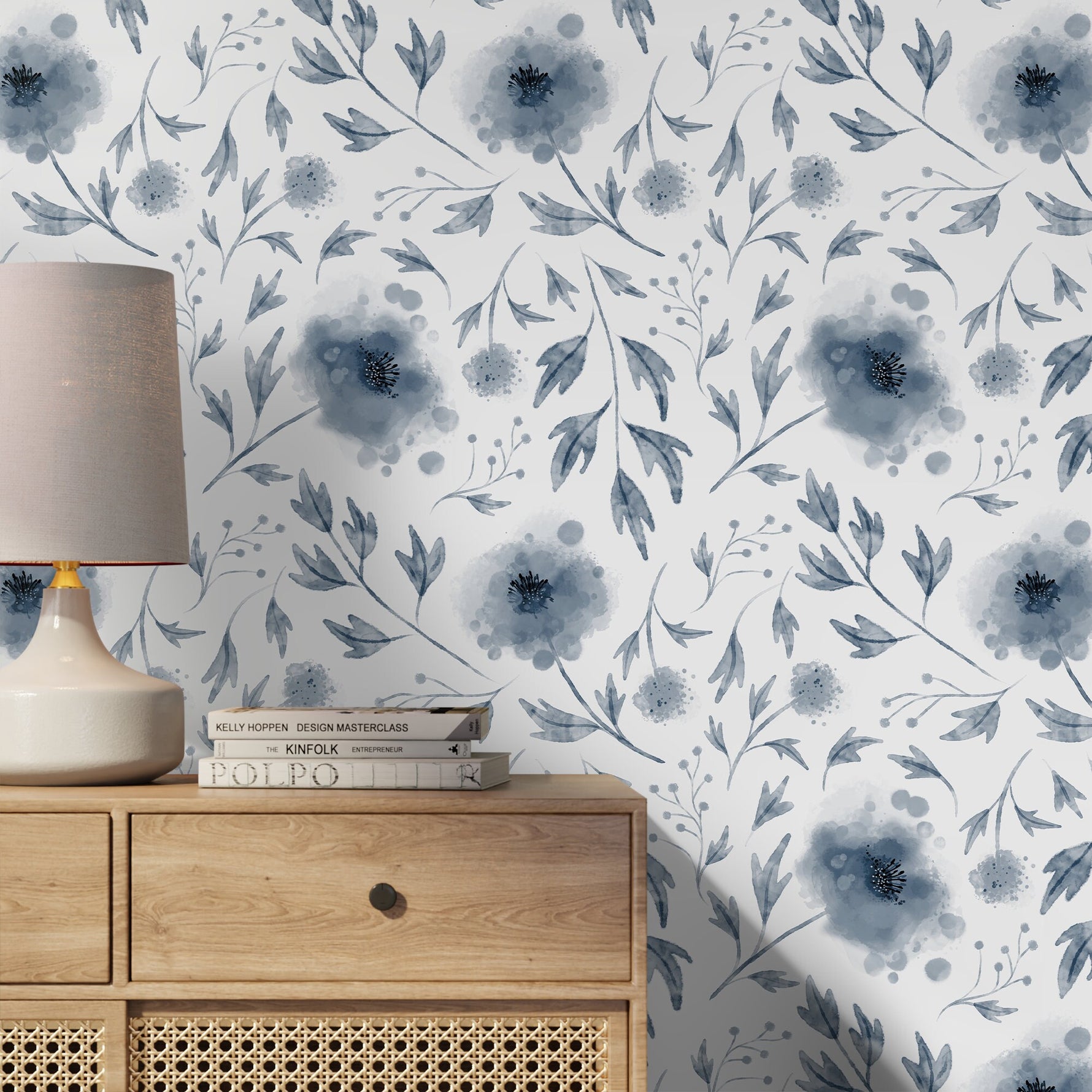 Removable Wallpaper Peel and Stick Wallpaper Wall Paper / Blue Flowers Watercolor - X125