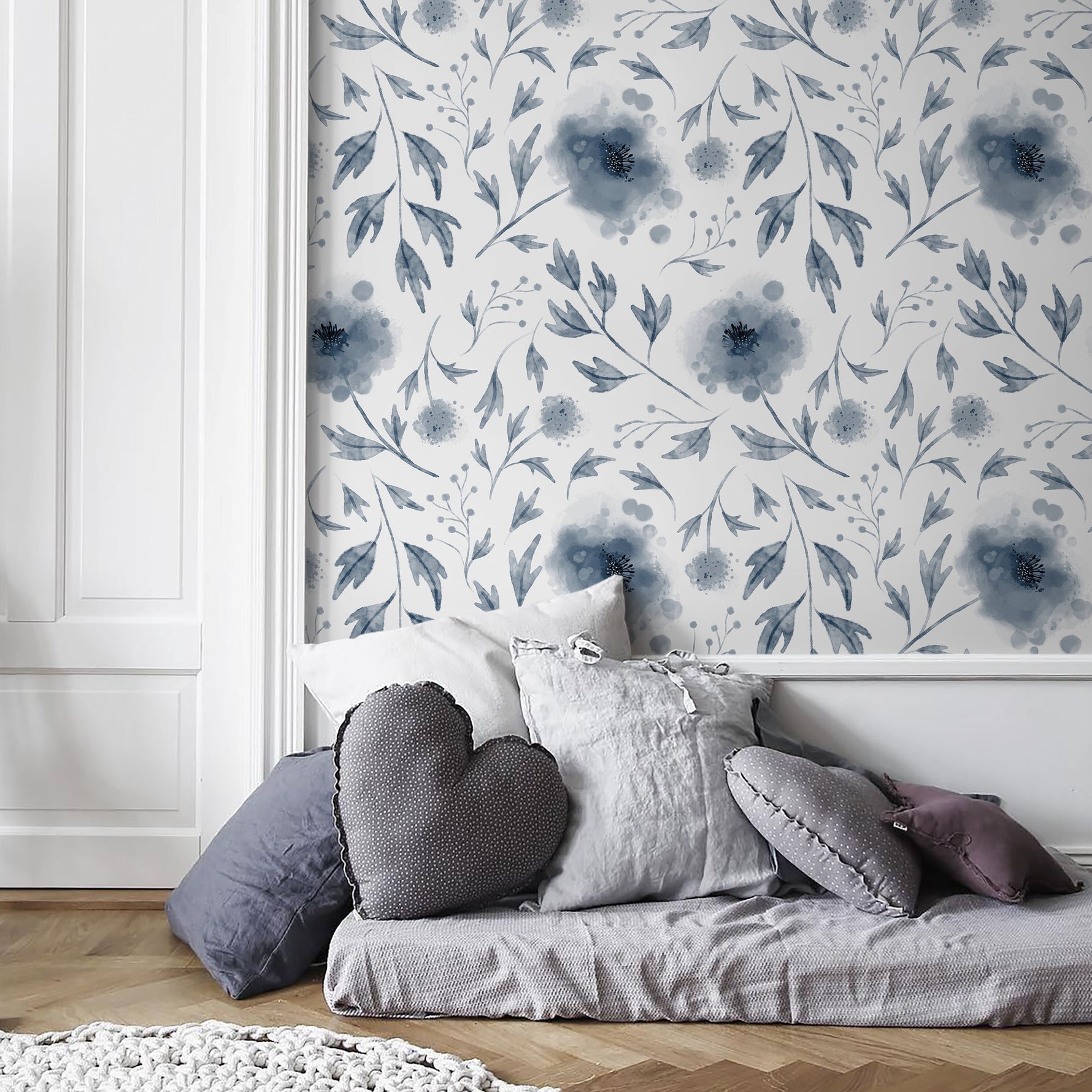 Removable Wallpaper Peel and Stick Wallpaper Wall Paper / Blue Flowers Watercolor - X125