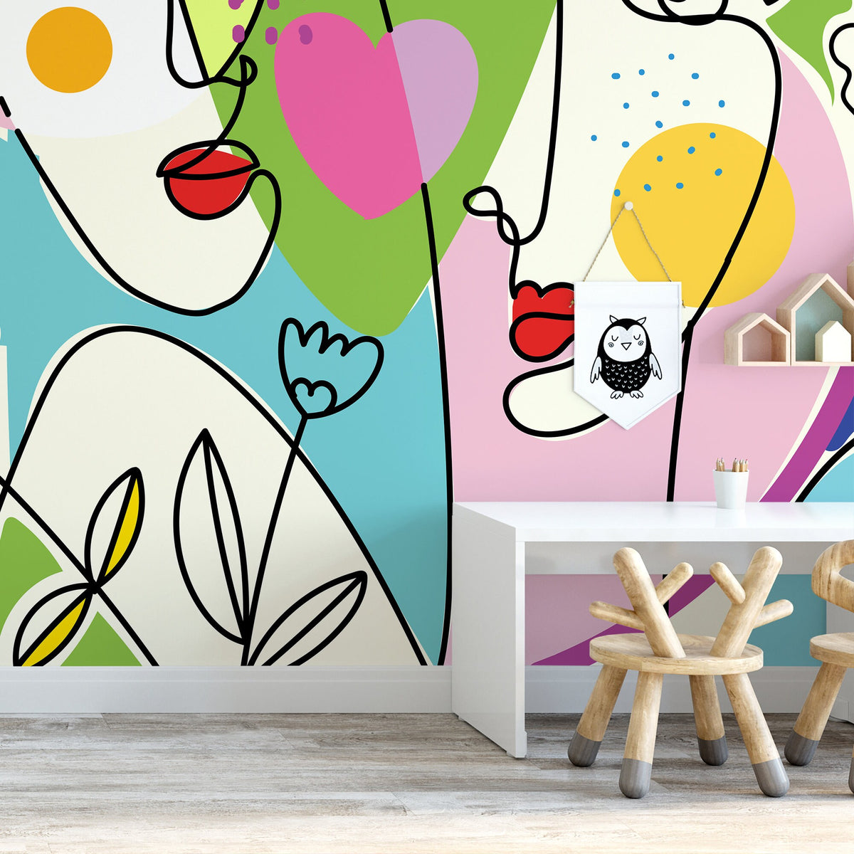 Colorful Abstract Mural Line Art Wallpaper Peel and Stick Wallpaper Home Decor - D604