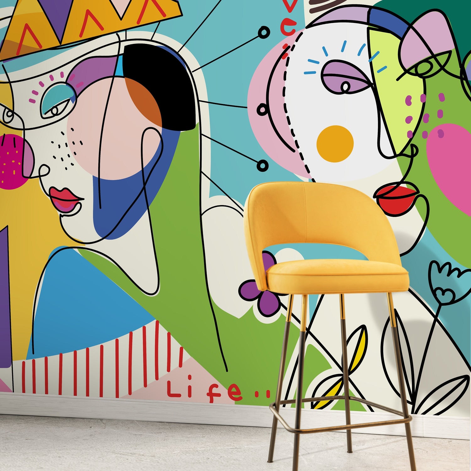 Colorful Abstract Mural Line Art Wallpaper Peel and Stick Wallpaper Home Decor - D604