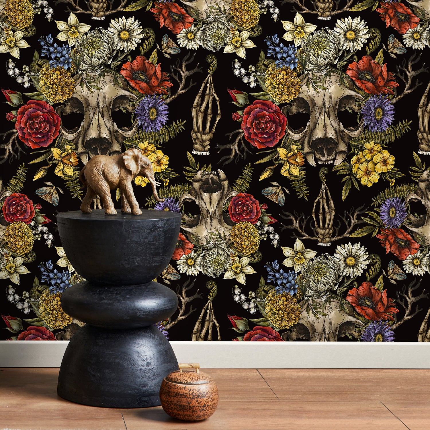 Dark Floral Wallpaper Skull and Peony Wallpaper Peel and Stick and Traditional Wallpaper - D831