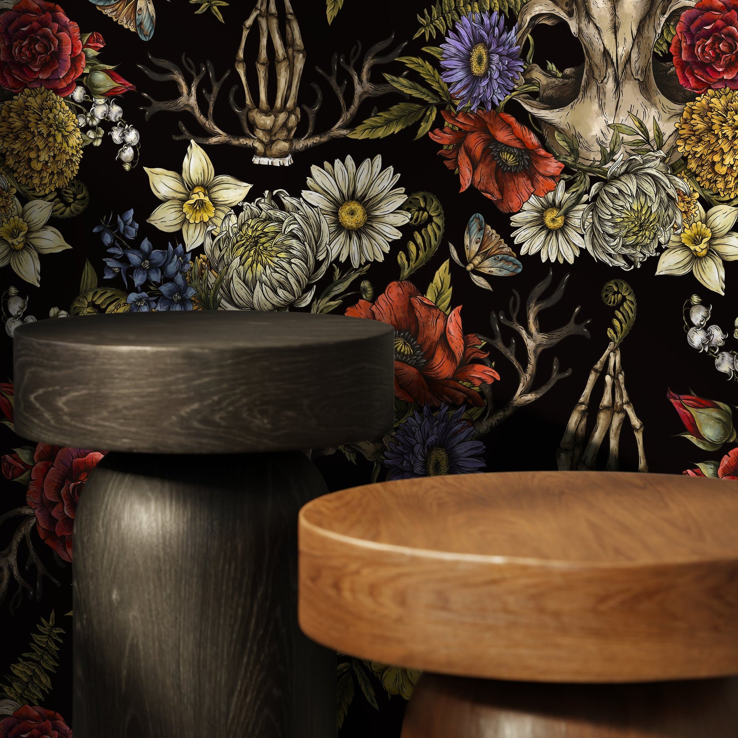 Dark Floral Wallpaper Skull and Peony Wallpaper Peel and Stick and Traditional Wallpaper - D831