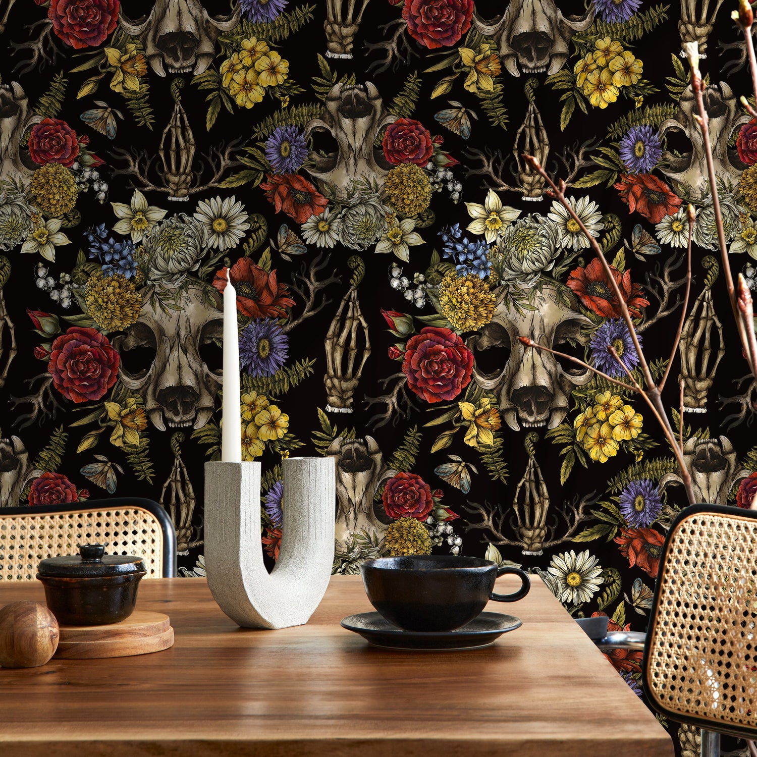 Dark Floral Wallpaper Skull and Peony Wallpaper Peel and Stick and Traditional Wallpaper - D831