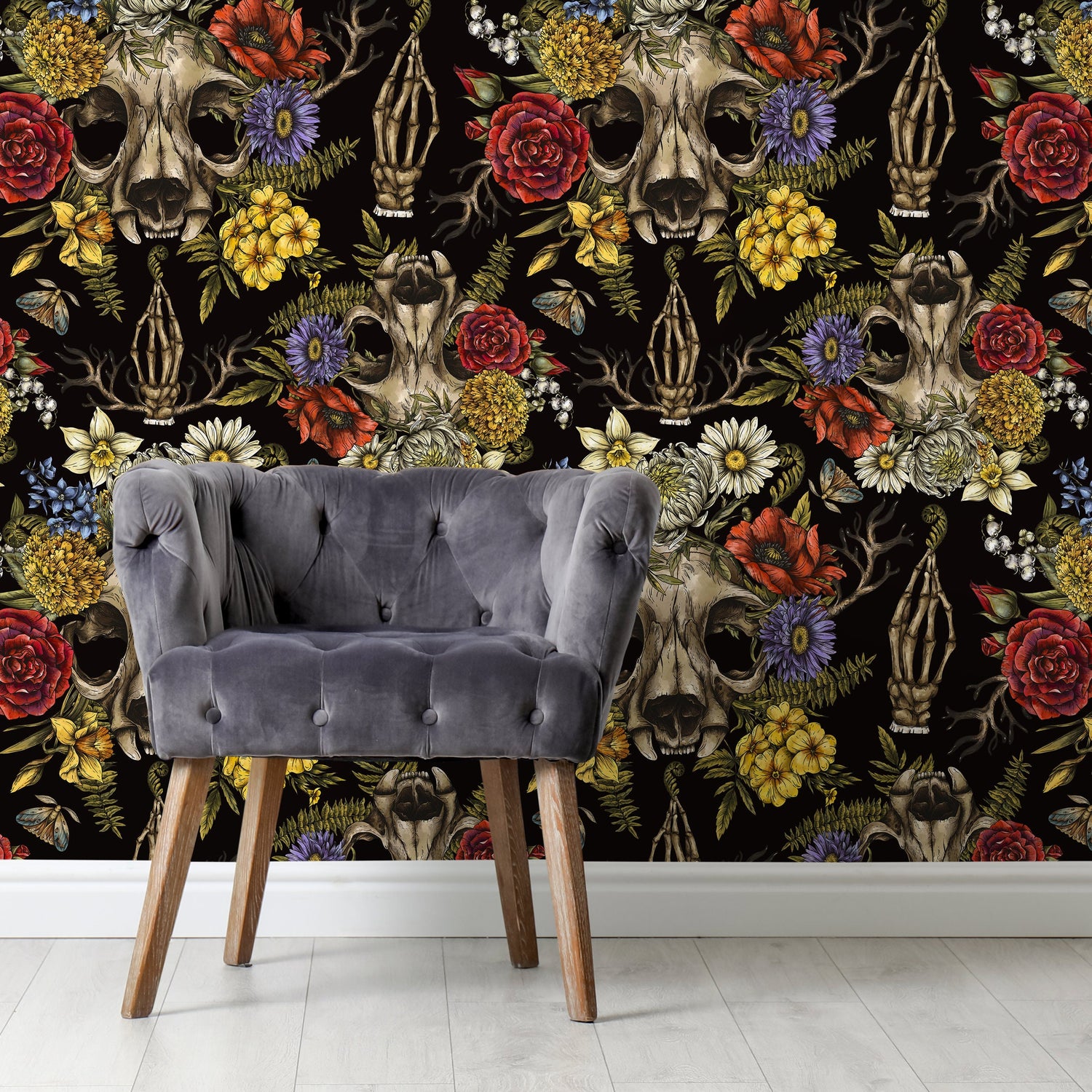 Dark Floral Wallpaper Skull and Peony Wallpaper Peel and Stick and Traditional Wallpaper - D831