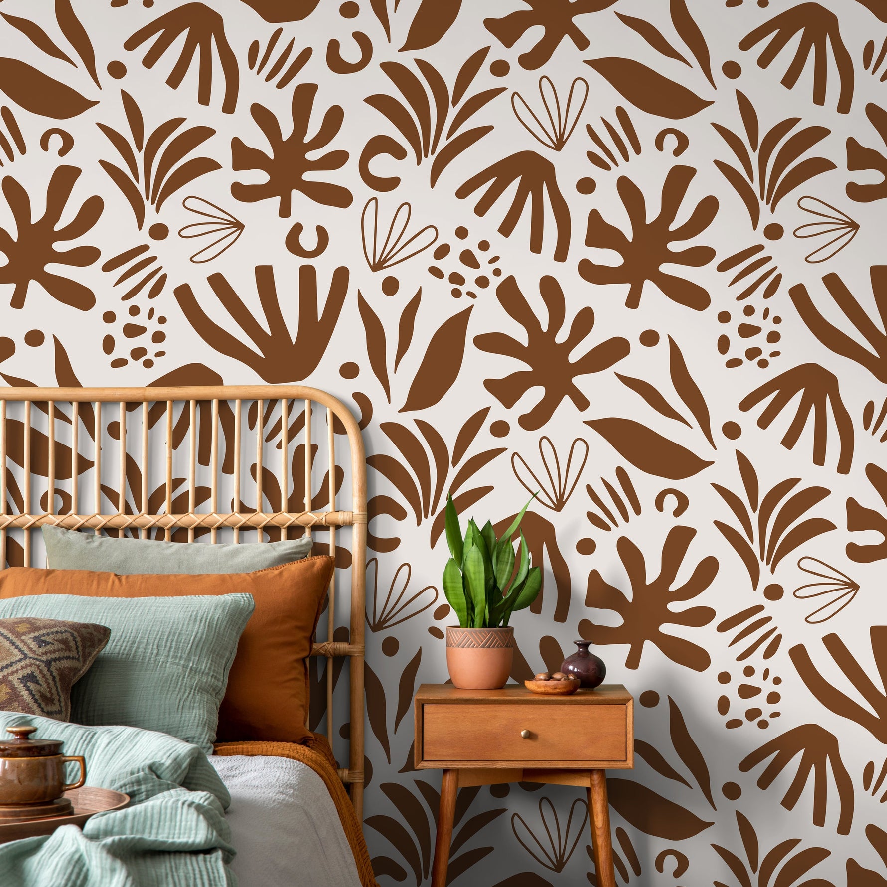 Brown Abstract Leaf Wallpaper Boho Wallpaper Peel and Stick and Traditional Wallpaper - D682