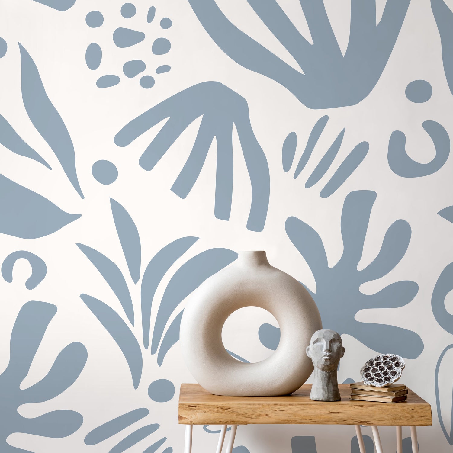 Light Blue Abstract Leaf Wallpaper Boho Wallpaper Peel and Stick and Traditional Wallpaper - D683