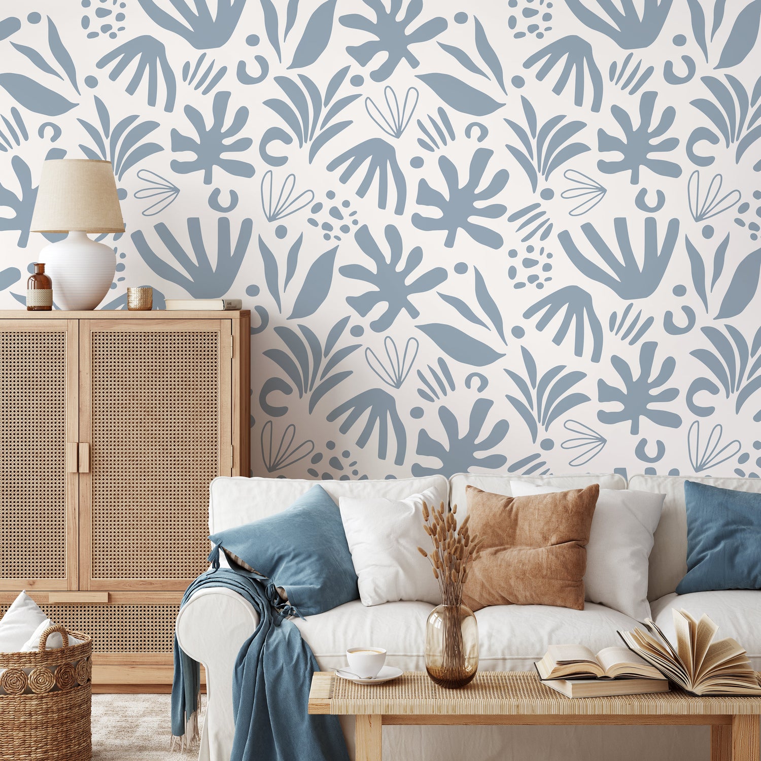 Light Blue Abstract Leaf Wallpaper Boho Wallpaper Peel and Stick and Traditional Wallpaper - D683