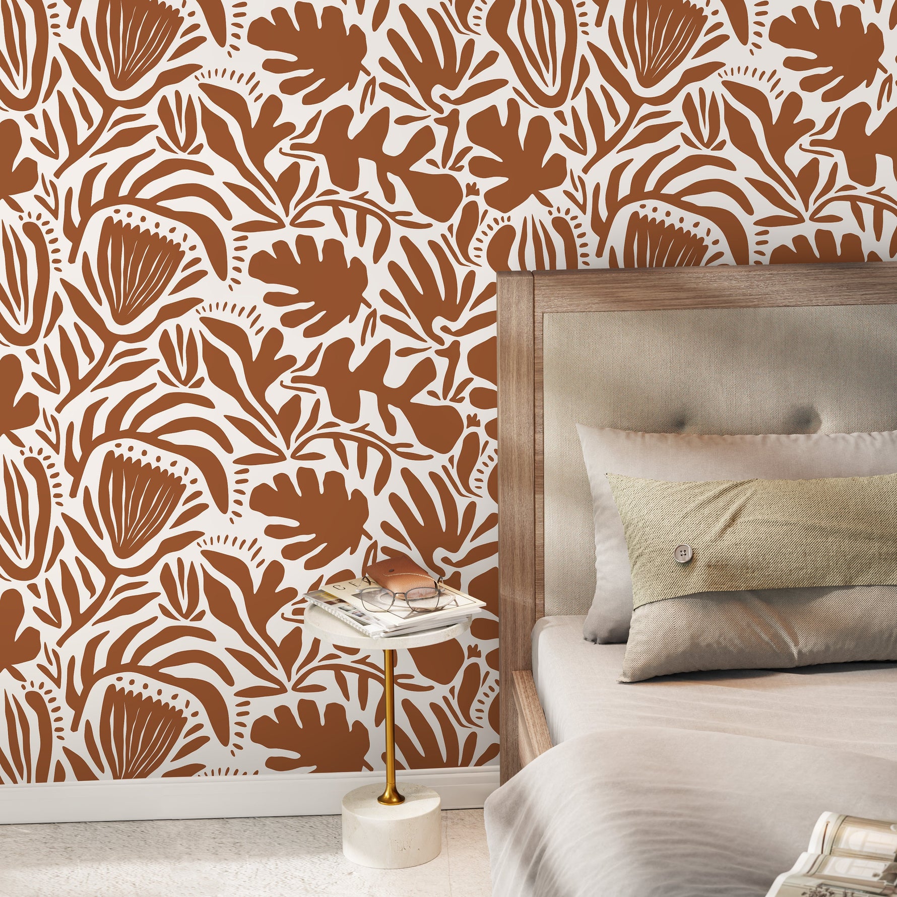 Terracotta Abstract Floral Wallpaper Modern Wallpaper Peel and Stick and Traditional Wallpaper - D709