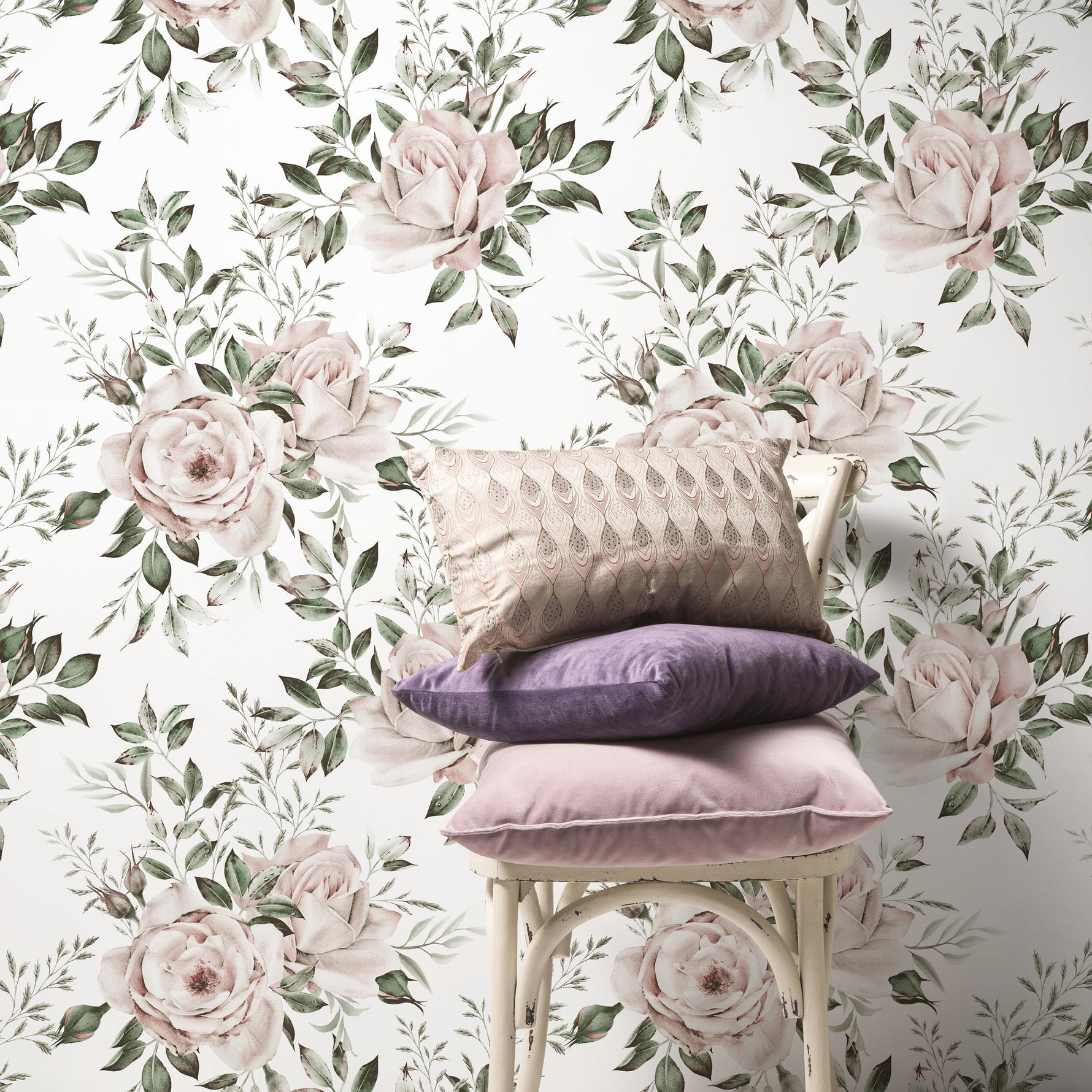 Light Roses Wallpaper Vintage Wallpaper Peel and Stick and Traditional Wallpaper - D644