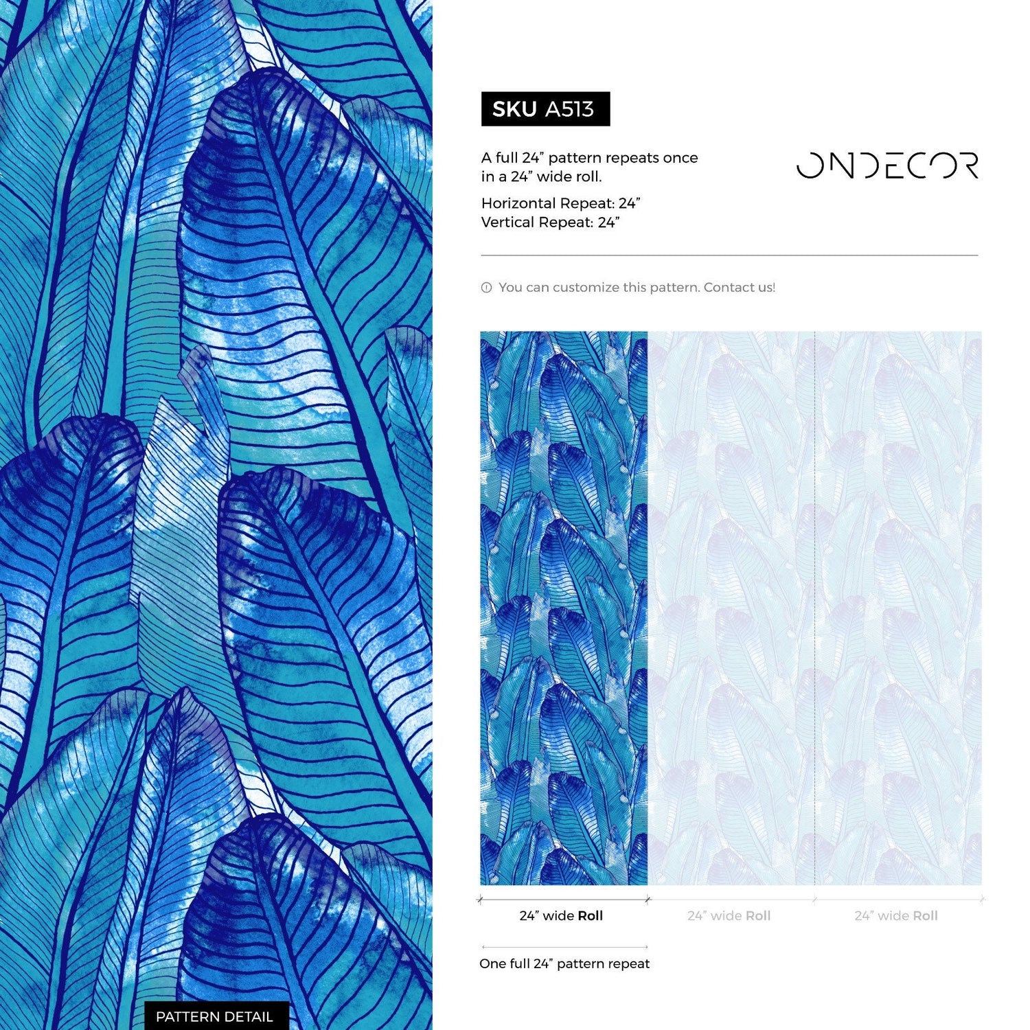 Tropical Wallpaper Blue Banana Leaf Wallpaper Peel and Stick and Traditional Wallpaper - A513