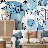 Thumbnail for Light Blue Abstract Mural Line Art Wallpaper Peel and Stick Wallpaper Home Decor - D606