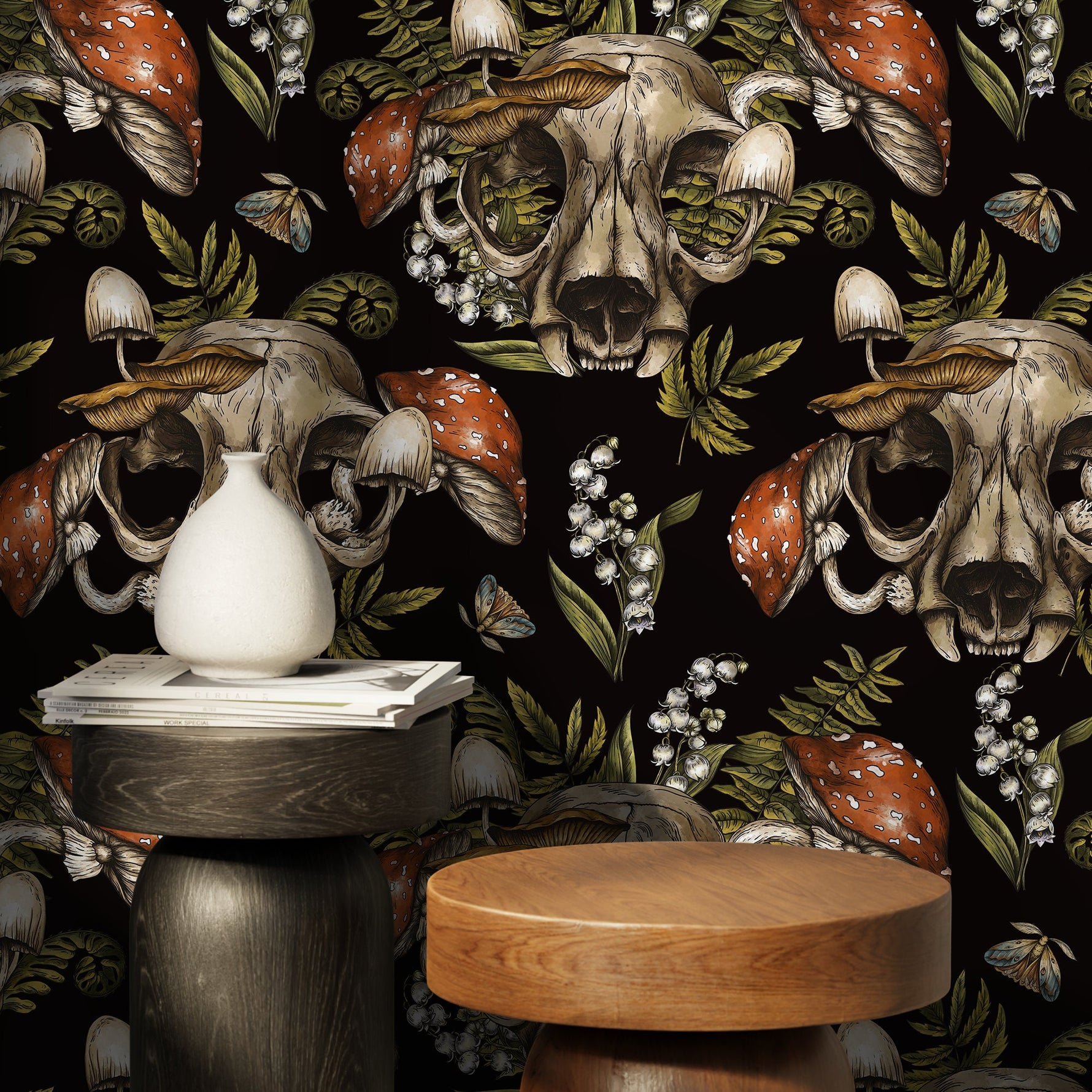 Dark Maximalist Wallpaper Skull and Mushroom Wallpaper Peel and Stick and Traditional Wallpaper - D833