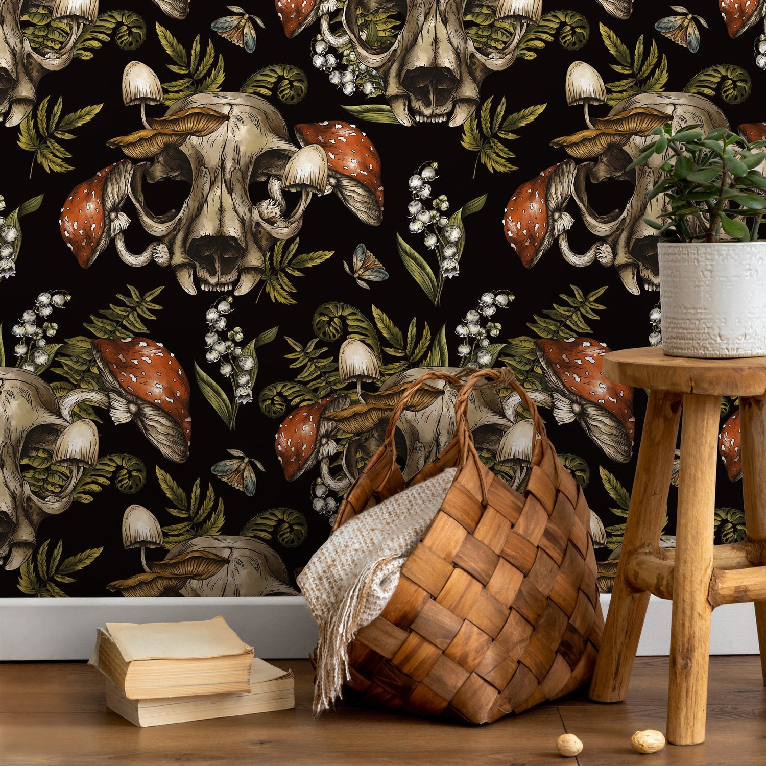 Dark Maximalist Wallpaper Skull and Mushroom Wallpaper Peel and Stick and Traditional Wallpaper - D833