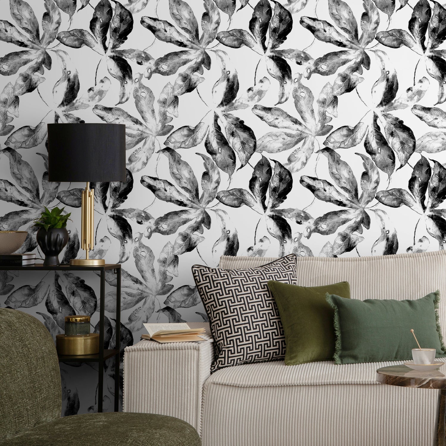 Wallpaper Peel and Stick Wallpaper Removable Wallpaper Home Decor Wall Art Wall Decor Room Decor / Black and White Leaves Wallpaper - D958