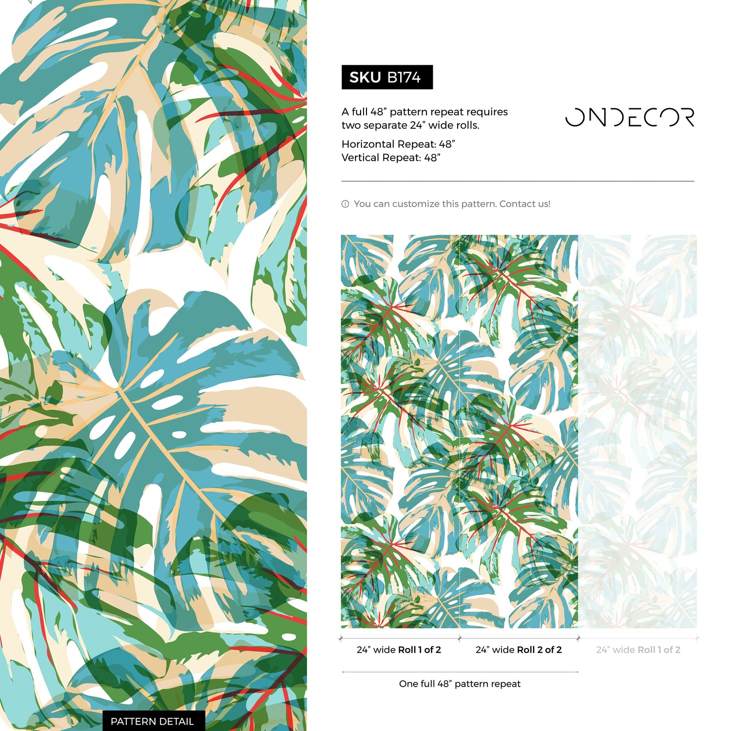 Removable Wallpaper Peel and Stick Wallpaper Wall Paper Wall Mural - Pop Art Monstera Tropical Wallpaper - B174